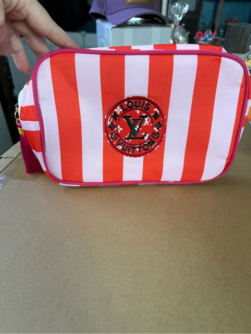 Red Striped Cosmetic Pouch with Tassel